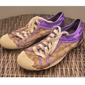Coach Zorra A1412 Logo Sneakers Purple Sequin Canvas Shoes 8.5 As Is Damaged